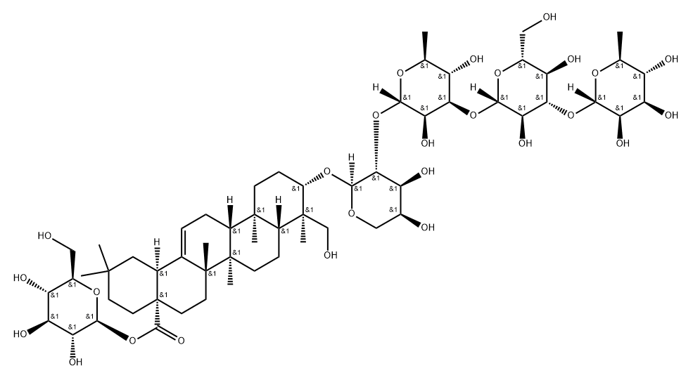 Olean-12-en-28-oic acid, 3-[(O-6-deoxy-α-L-mannopyranosyl-(1→3)-O-β-D-glucopyranosyl-(1→3)-O-6-deoxy-α-L-mannopyranosyl-(1→2)-α-L-arabinopyranosyl)oxy]-23-hydroxy-, β-D-glucopyranosyl ester, (3β,4α)- (9CI) Structure