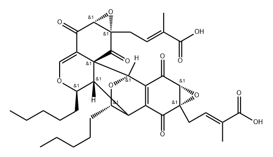 2-Butenoic acid, 4,4'-[(1aR,5R,5aS,6R,7aS,8aR,10R,10aS,11aS,13S)-1a,2,5a,6,7,8a,9,10-octahydro-2,7,9,11-tetraoxo-5,13-dipentyl-10,6-(epoxymethano)bisoxireno[4,5]benzo[1,2-d:1',2'-g][2]benzopyran-7a,11a(5H,11H)-diyl]bis[2-methyl-, (2E,2'E)- 구조식 이미지