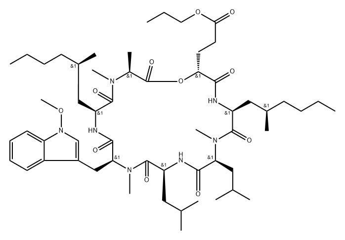 Cyclo[N-methyl-L-alanyl-(2R)-2-hydroxy-5-oxo-5-propoxypentanoyl-(2S,4R)-2-amino-4-methyloctanoyl-N-methyl-L-leucyl-L-leucyl-1-methoxy-N-methyl-L-tryptophyl-(2S,4R)-2-amino-4-methyloctanoyl] Structure
