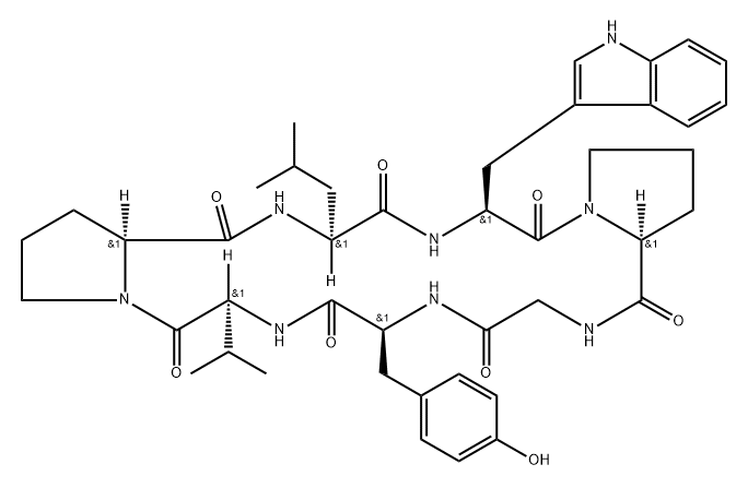 Cyclo(glycyl-L-tyrosyl-L-valyl-L-prolyl-L-leucyl-L-tryptophyl-L-prolyl) 구조식 이미지