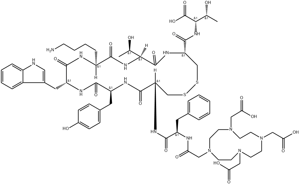 L-Threonine, N-[2-[4,7,10-tris(carboxymethyl)-1,4,7,10-tetraazacyclododec-1-yl]acetyl]-D-phenylalanyl-L-cysteinyl-L-tyrosyl-D-tryptophyl-L-lysyl-L-threonyl-L-cysteinyl-, cyclic (2→7)-disulfide Structure