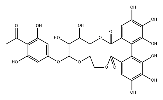 Ethanone, 1-[4-[[4,6-O-[(1S)-4,4',5,5',6,6'-hexahydroxy[1,1'-biphenyl]-2,2'-diyldicarbonyl]-β-D-glucopyranosyl]oxy]-2,6-dihydroxyphenyl]- 구조식 이미지