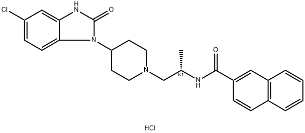 2-Naphthalenecarboxamide, N-[(1S)-2-[4-(5-chloro-2,3-dihydro-2-oxo-1H-benzimidazol-1-yl)-1-piperidinyl]-1-methylethyl]-, hydrochloride (1:1) 구조식 이미지
