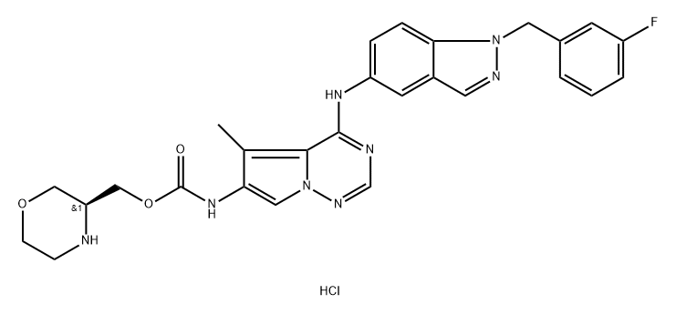 Carbamic acid, N-[4-[[1-[(3-fluorophenyl)methyl]-1H-indazol-5-yl]amino]-5-methylpyrrolo[2,1-f][1,2,4]triazin-6-yl]-, (3S)-3-morpholinylmethyl ester, hydrochloride (1:2) Structure