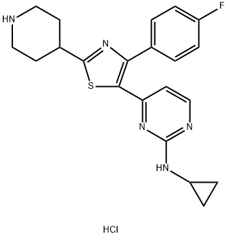 2-Pyrimidinamine, N-cyclopropyl-4-[4-(4-fluorophenyl)-2-(4-piperidinyl)-5-thiazolyl]-, hydrochloride (1:2) Structure