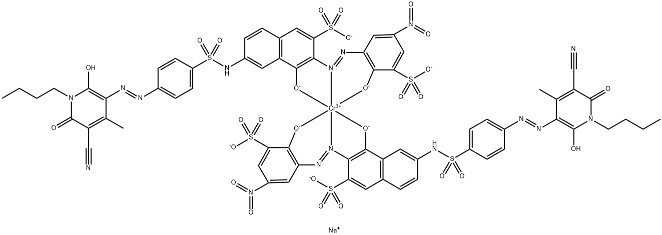 Chromate(5-), bis6-4-(1-butyl-5-cyano-1,6-dihydro-2-hydroxy-4-methyl-6-oxo-3-pyridinyl)azophenylsulfonylamino-4-hydroxy-3-(2-hydroxy-5-nitro-3-sulfophenyl)azo-2-naphthalenesulfonato(4-)-, pentasodium 구조식 이미지