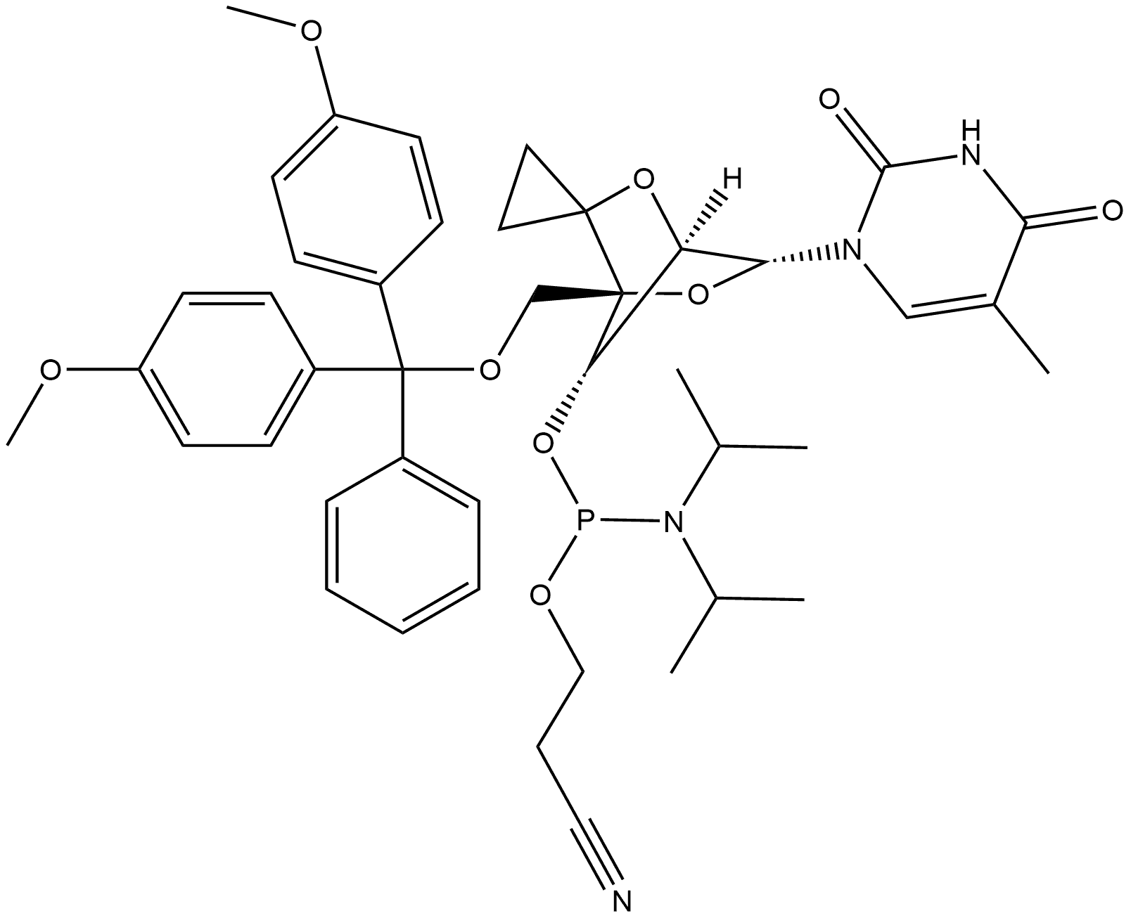 Phosphoramidous acid, N,?N-?bis(1-?methylethyl)?-?, (1'R,?4'R,?6'R,?7'S)?-?4'-?[[bis(4-?methoxyphenyl)?phenylmethoxy]?methyl]?-?6'-?(3,?4-?dihydro-?5-?methyl-?2,?4-?dioxo-?1(2H)?-?pyrimidinyl)?spiro[cyclopropane-?1,?3'-?[2,?5]?dioxabicyclo[2.2.1]?hept]?-?7'-?yl 2-?cyanoethyl ester Structure