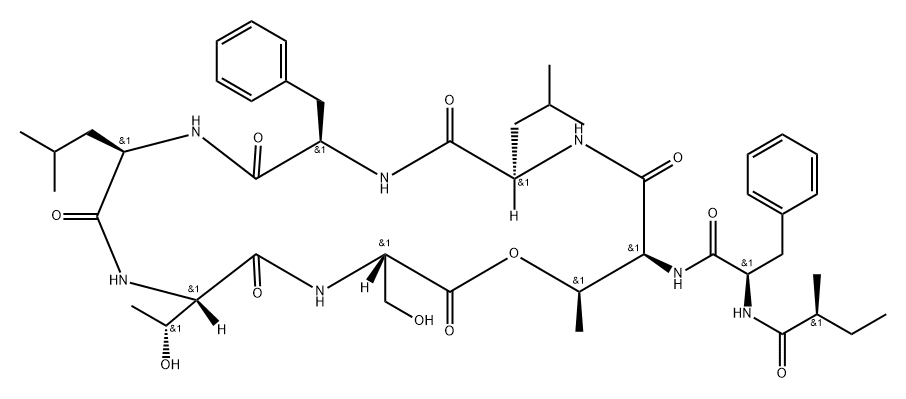 L-Serine, N-[(2S)-2-methyl-1-oxobutyl]-D-phenylalanyl-L-threonyl-D-leucyl-D-phenylalanyl-D-leucyl-L-threonyl-, (7→2)-lactone Structure