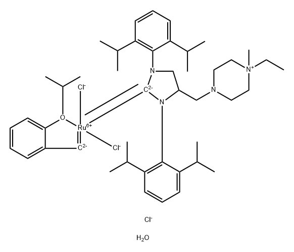 (1,3-Bis(2,6-diisopropylphenyl)-4-((4-ethyl-4-methylpiperzain-1-ium-1-yl)methyl)imidazolidin-2-ylidene)(2-isopropoxybenzylidene)ruthenium(II) chloride dihydrate FixCat 구조식 이미지