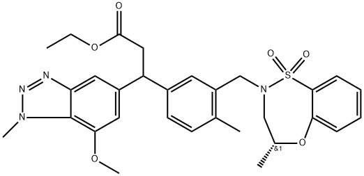 1H-Benzotriazole-5-propanoic acid, β-[3-[[(4R)-3,4-dihydro-4-methyl-1,1-dioxido-2H-5,1,2-benzoxathiazepin-2-yl]methyl]-4-methylphenyl]-7-methoxy-1-methyl-, ethyl ester Structure