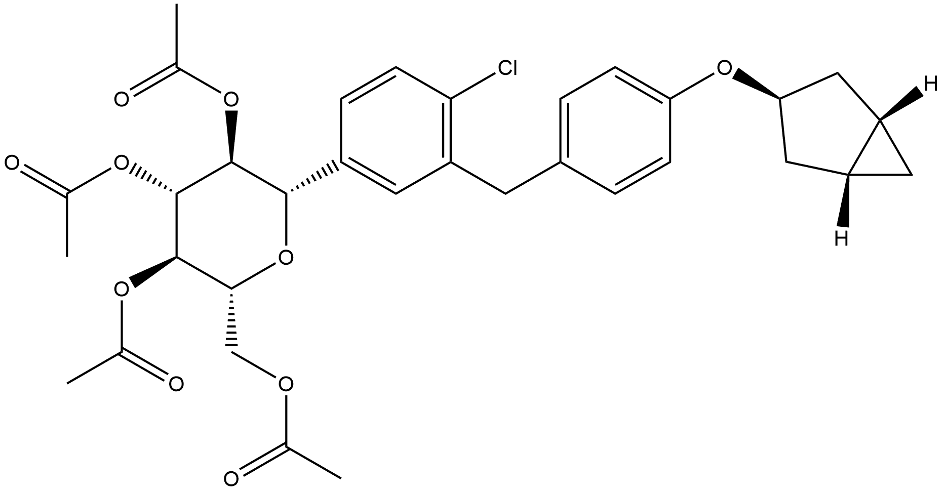 D-Glucitol, 1,5-anhydro-1-C-[3-[[4-[(1α,3α,5α)bicyclo[3.1.0]hex-3-yloxy]phenyl]methyl]-4-chlorophenyl]-, 2,3,4,6-tetraacetate, (1S)- Structure