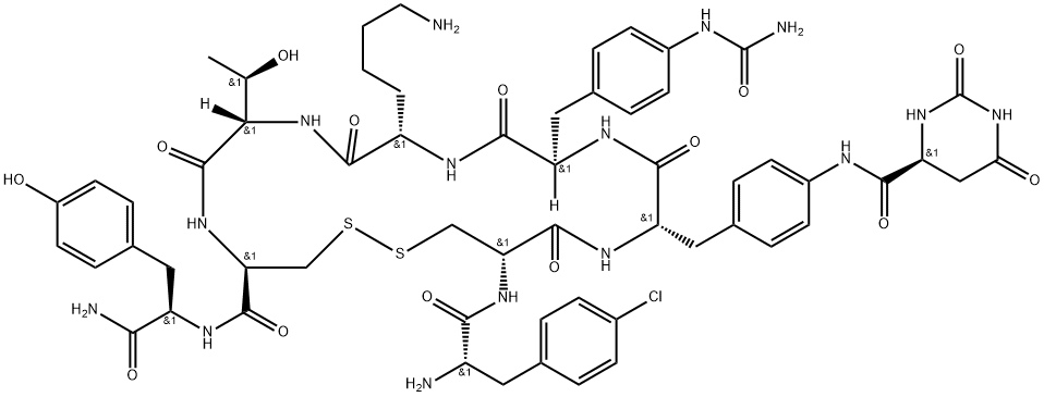 D-Tyrosinamide, 4-chloro-L-phenylalanyl-D-cysteinyl-4-[[[(4S)-hexahydro-2,6-dioxo-4-pyrimidinyl]carbonyl]amino]-L-phenylalanyl-4-[(aminocarbonyl)amino]-D-phenylalanyl-L-lysyl-L-threonyl-L-cysteinyl-, cyclic (2→7)-disulfide 구조식 이미지