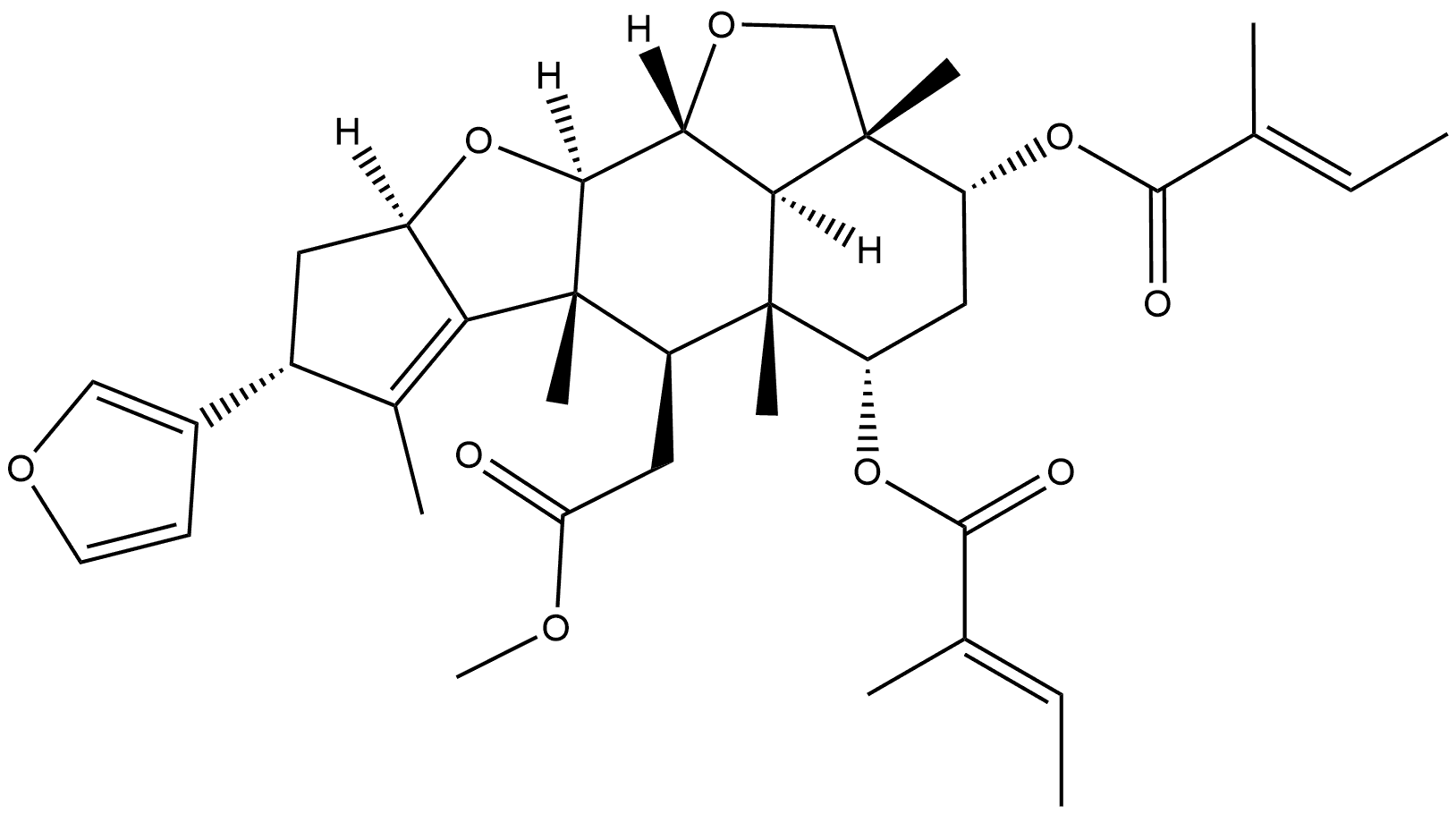 2H,3H-Cyclopenta[d']naphtho[1,8-bc:2,3-b']difuran-6-acetic acid, 8-(3-furanyl)-2a,4,5,5a,6,6a,8,9,9a,10a,10b,10c-dodecahydro-2a,5a,6a,7-tetramethyl-3,5-bis[[(2E)-2-methyl-1-oxo-2-buten-1-yl]oxy]-, methyl ester, (2aR,3R,5S,5aR,6R,6aR,8R,9aR,10aR,10bR,10cR)- Structure