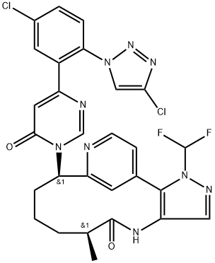 11,15-Metheno-15H-pyrazolo[4,3-b][1,7]diazacyclotetradecin-5(6H)-one, 10-[4-[5-chloro-2-(4-chloro-1H-1,2,3-triazol-1-yl)phenyl]-6-oxo-1(6H)-pyrimidinyl]-1-(difluoromethyl)-1,4,7,8,9,10-hexahydro-6-methyl-, (6S,10R)- Structure