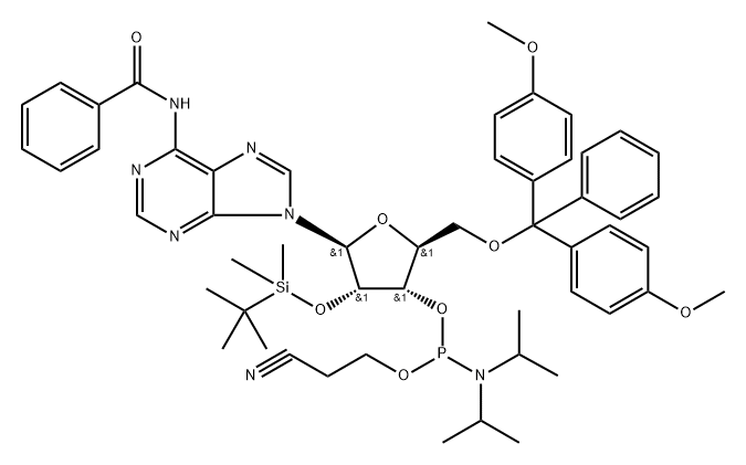 Benzamide, N-[9-[5-O-[bis(4-methoxyphenyl)phenylmethyl]-3-O-[[bis(1-methylethyl)amino](2-cyanoethoxy)phosphino]-2-O-[(1,1-dimethylethyl)dimethylsilyl]-β-L-ribofuranosyl]-9H-purin-6-yl]- 구조식 이미지