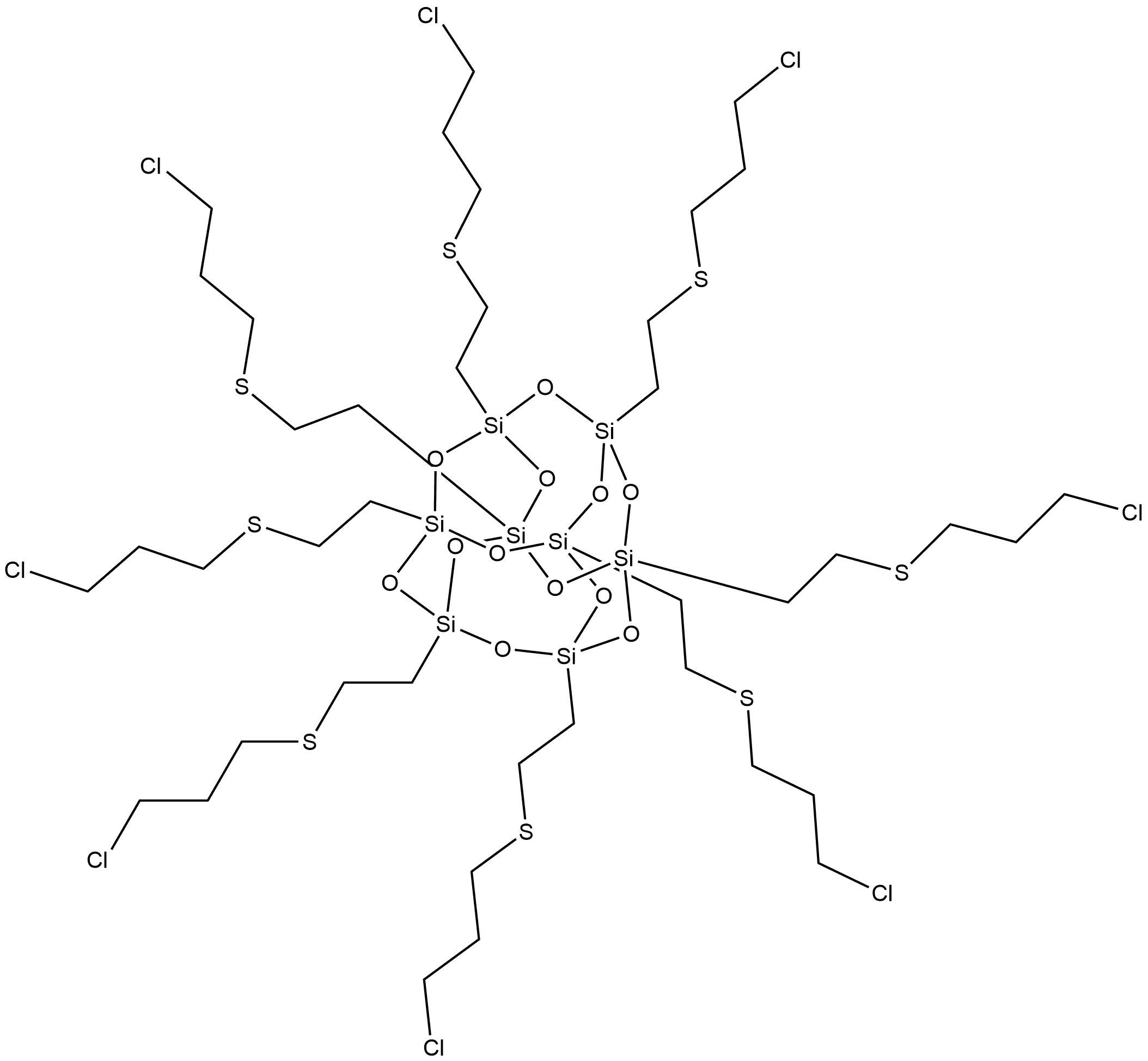 Pentacyclo[9.5.1.13,9.15,15.17,13]octasiloxane, 1,3,5,7,9,11,13,15-octakis[2-[(3-chloropropyl)thio]ethyl]- Structure