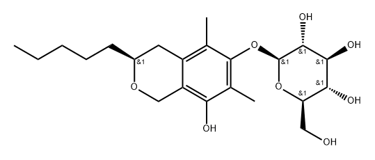 β-D-Glucopyranoside, (3S)-3,4-dihydro-8-hydroxy-5,7-dimethyl-3-pentyl-1H-2-benzopyran-6-yl 구조식 이미지
