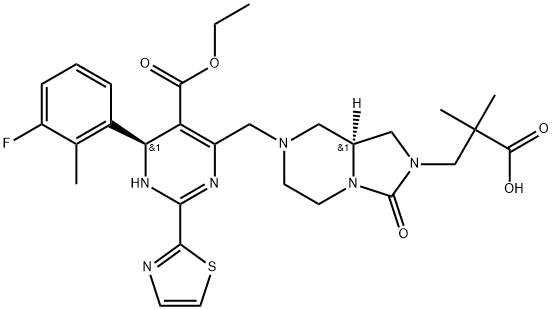 Imidazo[1,5-a]pyrazine-2(3H)-propanoic acid, 7-[[(6S)-5-(ethoxycarbonyl)-6-(3-fluoro-2-methylphenyl)-3,6-dihydro-2-(2-thiazolyl)-4-pyrimidinyl]methyl]hexahydro-α,α-dimethyl-3-oxo-, (8aS)- 구조식 이미지