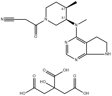 1-Piperidinepropanenitrile, 3-[(6,7-dihydro-5H-pyrrolo[2,3-d]pyrimidin-4-yl)methylamino]-4-methyl-β-oxo-, (3R,4R)-, 2-hydroxy-1,2,3-propanetricarboxylate (1:1) Structure