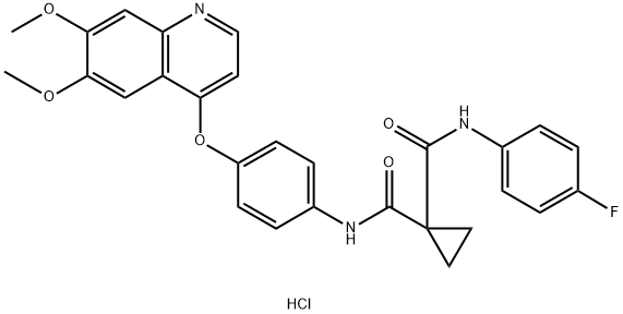 1,1-Cyclopropanedicarboxamide, N-[4-[(6,7-dimethoxy-4-quinolinyl)oxy]phenyl]-N'-(4-fluorophenyl)-, hydrochloride (1:1) Structure