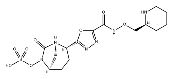 (1R,2S,5R)-7-Oxo-2-[5-[[[(2S)-2-piperidin ylmethoxy]amino]carbonyl]-1,3,4-oxadiazol-2- yl]-1,6-diazabicyclo[3.2.1]oct-6-yl hydrogen sulfate 구조식 이미지