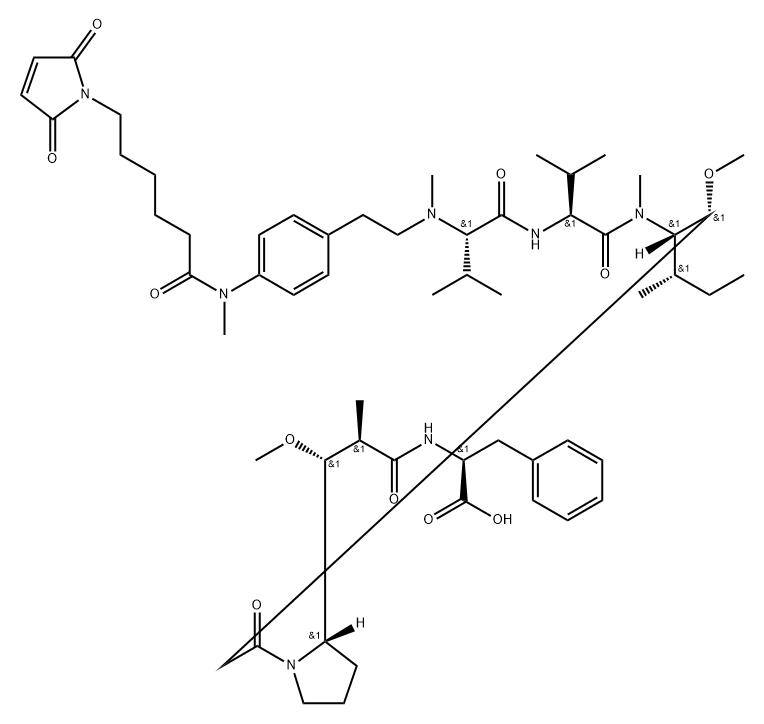 L-Phenylalanine, N-[2-[4-[[6-(2,5-dihydro-2,5-dioxo-1H-pyrrol-1-yl)-1-oxohexyl]methylamino]phenyl]ethyl]-N-methyl-L-valyl-L-valyl-(3R,4S,5S)-3-methoxy-5-methyl-4-(methylamino)heptanoyl-(αR,βR,2S)-β-methoxy-α-methyl-2-pyrrolidinepropanoyl- 구조식 이미지