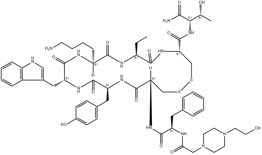L-Threoninamide, N-[2-[4-(2-hydroxyethyl)-1-piperazinyl]acetyl]-D-phenylalanyl-L-cysteinyl-L-tyrosyl-D-tryptophyl-L-lysyl-(2S)-2-aminobutanoyl-L-cysteinyl-, cyclic (2→7)-disulfide 구조식 이미지