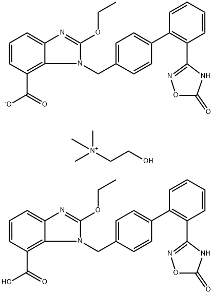Ethanaminium, 2-hydroxy-N,N,N-trimethyl-, 1-[[2'-(2,5-dihydro-5-oxo-1,2,4-oxadiazol-3-yl)[1,1'-biphenyl]-4-yl]methyl]-2-ethoxy-1H-benzimidazole-7-carboxylate, compd. with 1-[[2'-(2,5-dihydro-5-oxo-1,2,4-oxadiazol-3-yl)[1,1'-biphenyl]-4-yl]methyl]-2-ethoxy-1H-benzimidazole-7-carboxylate (1:1:1) 구조식 이미지