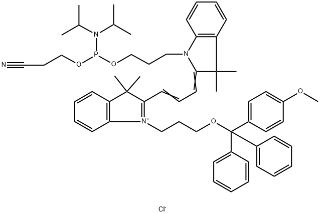 3H-Indolium, 2-[3-[1-[3-[[[bis(1-methylethyl)amino](2-cyanoethoxy)phosphino]oxy]propyl]-1,3-dihydro-3,3-dimethyl-2H-indol-2-ylidene]-1-propen-1-yl]-1-[3-[(4-methoxyphenyl)diphenylmethoxy]propyl]-3,3-dimethyl-, chloride (1:1) Structure