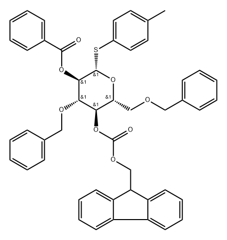 β-D-Glucopyranoside, 4-methylphenyl 3,6-bis-O-(phenylmethyl)-1-thio-, 2-benzoate 4-(9H-fluoren-9-ylmethyl carbonate) Structure