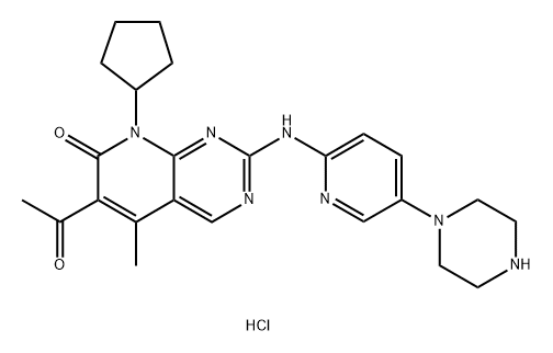 Pyrido[2,3-d]pyrimidin-7(8H)-one, 6-acetyl-8-cyclopentyl-5-methyl-2-[[5-(1-piperazinyl)-2-pyridinyl]amino]-, hydrochloride (1:2) Structure