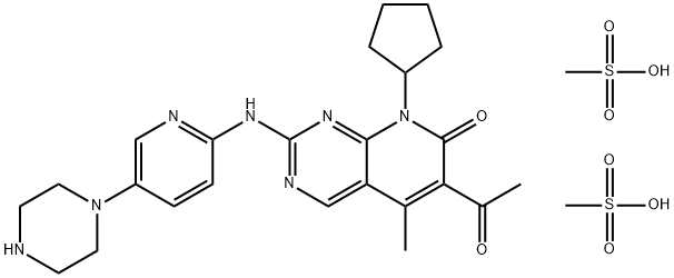 Pyrido[2,3-d]pyrimidin-7(8H)-one, 6-acetyl-8-cyclopentyl-5-methyl-2-[[5-(1-piperazinyl)-2-pyridinyl]amino]-, methanesulfonate (1:2) Structure