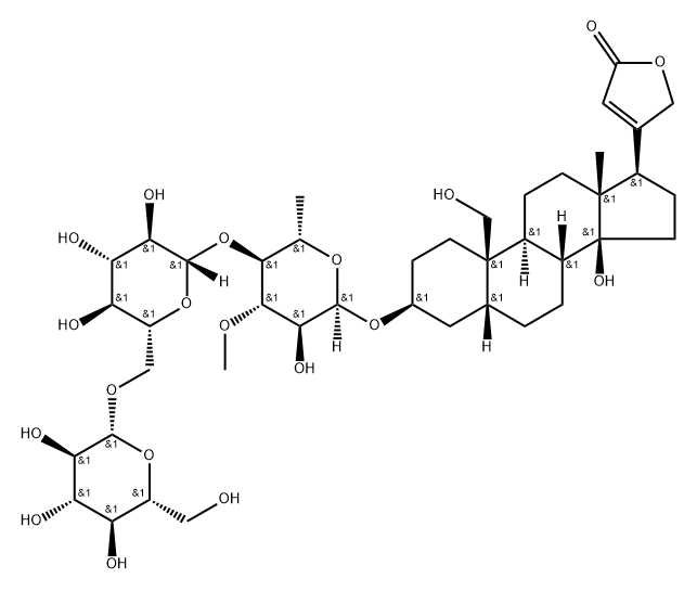 Card-20(22)-enolide, 3-[(O-β-D-glucopyranosyl-(1→6)-O-β-D-glucopyranosyl-(1→4)-6-deoxy-3-O-methyl-α-L-glucopyranosyl)oxy]-14,19-dihydroxy-, (3β,5β)- 구조식 이미지