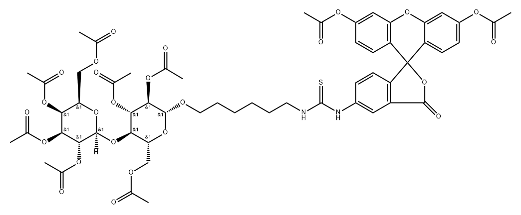 Thiourea, N-3,6-bis(acetyloxy)-3-oxospiroisobenzofuran-1(3H),9-9Hxanthen-5-yl-N-6-2,3,6-tri-O-acetyl-4-O-(2,3,4,6-tetra-O-acetyl-.beta.-D-galactopyranosyl)-.beta.-D-glucopyranosyloxyhexyl- Structure