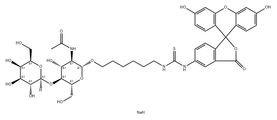 Thiourea, N-6-2-(acetylamino)-2-deoxy-4-O-.beta.-D-galactopyranosyl-.beta.-D-glucopyranosyloxyhexyl-N-(3,6-dihydroxy-3-oxospiroisobenzofuran-1(3H),9-9Hxanthen-5-yl)-, monosodium salt 구조식 이미지