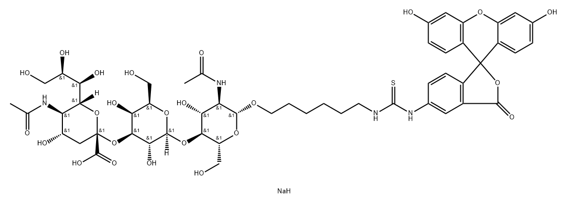 Thiourea, N-6-O-(N-acetyl-.alpha.-neuraminosyl)-(23)-O-.beta.-D-galactopyranosyl-(14)-2-(acetylamino)-2-deoxy-.beta.-D-glucopyranosyloxyhexyl-N-(3,6-dihydroxy-3-oxospiroisobenzofuran-1(3H),9-9Hxanthen-5-yl)-, disodium salt Structure