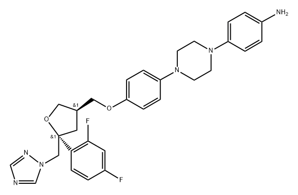 4-(4-{4-[(3R,5R)-5-(2,4-DIFLUORO-PHENYL)-5-[1,2,4]TRIAZOL-1-YLMETHYL-TETRAHYDRO-FURAN-3-YLMETHOXY]-PHENYL}-PIPERAZIN-1-YL)-PHENYLAMINE 구조식 이미지