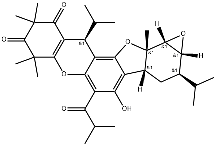 8H-Oxireno[6,7]benzofuro[2,3-a]xanthene-8,10(9H)-dione, 1a,2,3,3a,7,11,12a,12b-octahydro-4-hydroxy-7,7,9,9,12a-pentamethyl-2,11-bis(1-methylethyl)-5-(2-methyl-1-oxopropyl)-, (1aR,2R,3aR,11S,12aS,12bR)- Structure