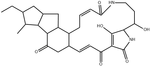 9,12-Metheno-12H-cyclopent[1,2]indeno[4,5-k][1,6]diazacycloheptadecine-4,11,13,17-tetrone, 19-ethyl-1,5,6,7,8,9,10,15a,16,17a,17b,18,19,20,20a,21,21a,21b-octadecahydro-8,22-dihydroxy-18-methyl-, (2Z,14E)- (9CI) 구조식 이미지