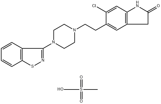 2H-Indol-2-one, 5-[2-[4-(1,2-benzisothiazol-3-yl)-1-piperazinyl]ethyl]-6-chloro-1,3-dihydro-, methanesulfonate (1:1) Structure