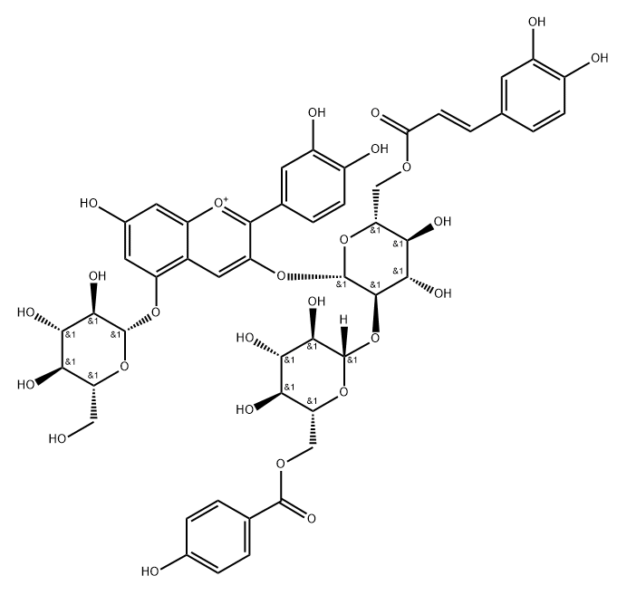 Cyanidin-3-O-[6-O-trans-caffeyl-(6-O-p-hydroxybenzoyl-2-O-β-glucopyranosyl)]-β-glucopyranoside)-5-O-β-glucopyranoside 구조식 이미지