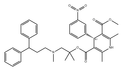 3,5-Pyridinedicarboxylic acid, 1,4-dihydro-2,6-dimethyl-4-(3-nitrophenyl)-, 3-[2-[(3,3-diphenylpropyl)methylamino]-1,1-dimethylethyl] 5-methyl ester, (4R)- Structure