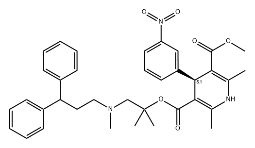 3,5-Pyridinedicarboxylic acid, 1,4-dihydro-2,6-dimethyl-4-(3-nitrophenyl)-, 3-[2-[(3,3-diphenylpropyl)methylamino]-1,1-dimethylethyl] 5-methyl ester, (4S)- Structure