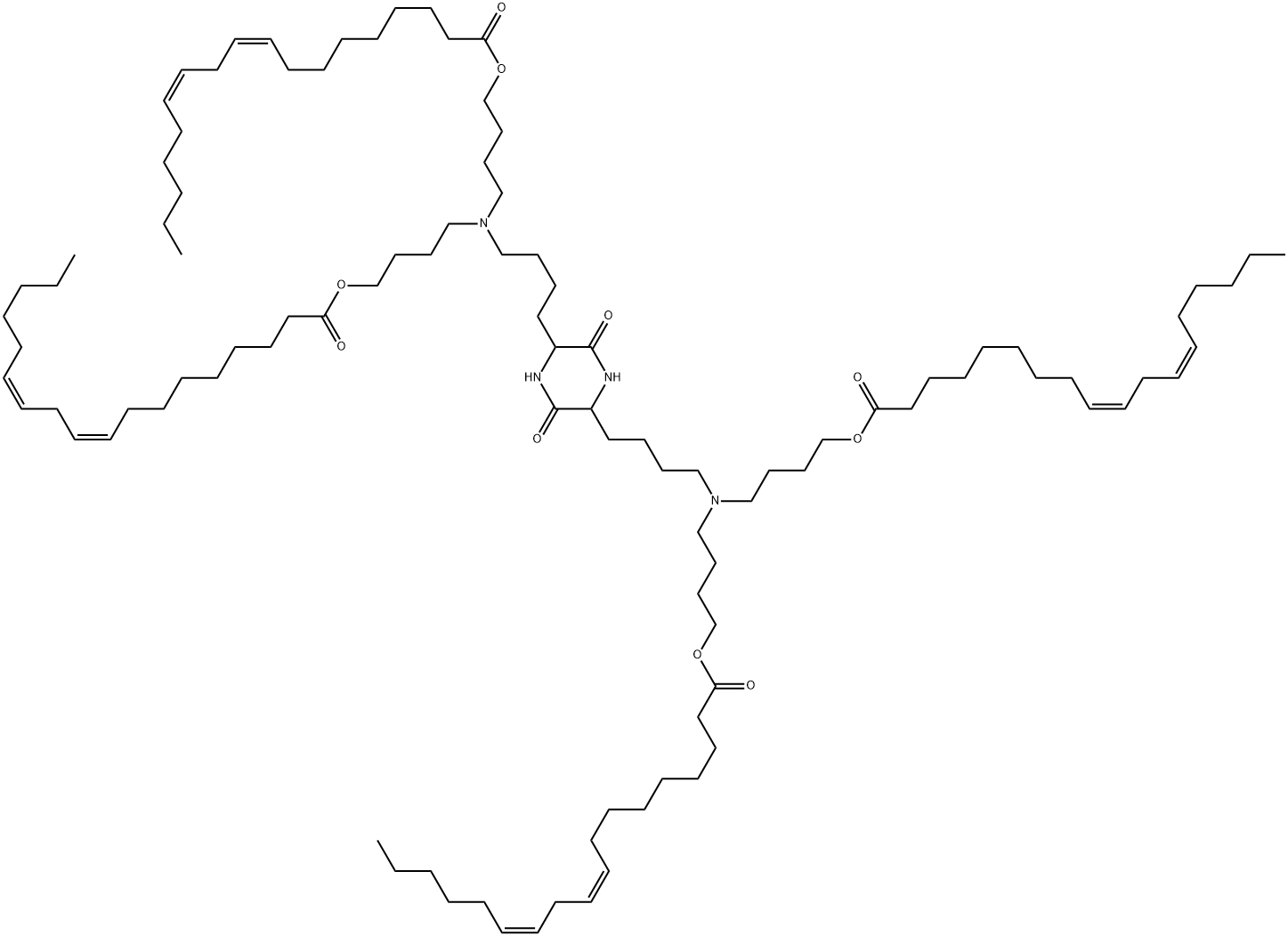 9,12-Octadecadienoic acid (9Z,12Z)-, 1,1',1'',1'''-[(3,6-dioxo-2,5-piperazinediyl)bis(4,1-butanediylnitrilodi-4,1-butanediyl)] ester Structure