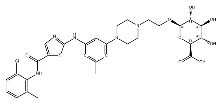 (2S,3S,4S,5R,6R)-6-(2-(4-(6-((5-((2-Chloro-6-methylphenyl)carbamoyl)thiazol-2-yl)amino)-2-methylpyrimidin-4-yl)piperazin-1-yl)ethoxy)-3,4,5-trihydroxytetrahydro-2H-pyran-2-carboxylic acid 구조식 이미지