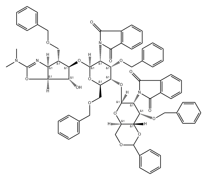 .beta.-D-Allopyranoside, (3aS,4R,5R,6S,6aS)-2-(dimethylamino)-3a,5,6,6a-tetrahydro-6-hydroxy-4-(phenylmethoxy)methyl-4H-cyclopentoxazol-5-yl 2-deoxy-4-O-2-deoxy-2-(1,3-dihydro-1,3-dioxo-2H-isoindol-2-yl)-3-O-(phenylmethyl)-4,6-O-(phenylmethylene)-.beta.-D 구조식 이미지