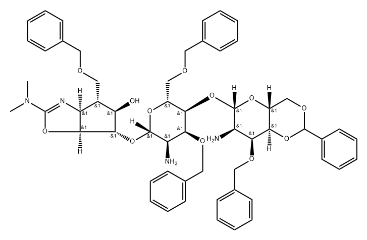 .beta.-D-Allopyranoside, (3aS,4R,5R,6S,6aS)-2-(dimethylamino)-3a,5,6,6a-tetrahydro-5-hydroxy-4-(phenylmethoxy)methyl-4H-cyclopentoxazol-6-yl 2-amino-4-O-2-amino-2-deoxy-3-O-(phenylmethyl)-4,6-O-(phenylmethylene)-.beta.-D-allopyranosyl-2-deoxy-3,6-bis-O-(p 구조식 이미지