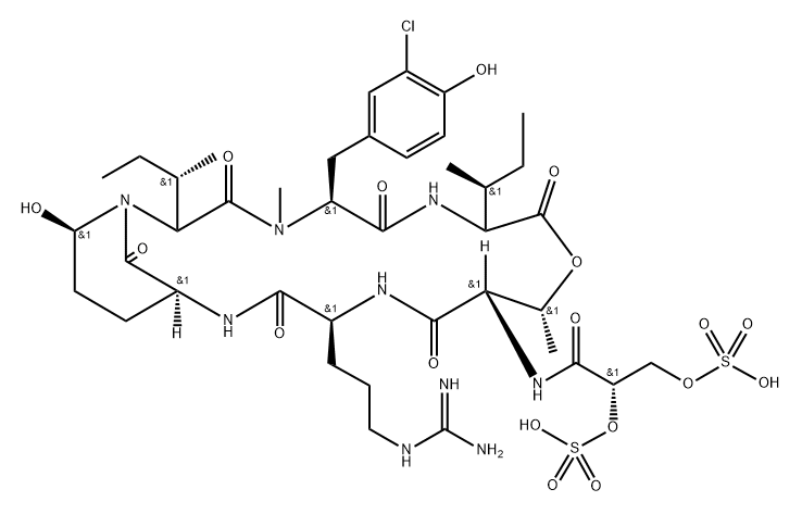 L-Isoleucine, N-[(2S)-1-oxo-2,3-bis(sulfooxy)propyl]-L-threonyl-L-arginyl-(αS,3S,6R)-3-amino-6-hydroxy-α-[(1S)-1-methylpropyl]-2-oxo-1-piperidineacetyl-3-chloro-N-methyl-L-tyrosyl-, (6→2)-lactone Structure