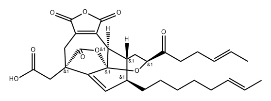 11,5,7a-[2]Propen[1]yl[3]ylidene-3H,7aH-furo[3,4-d]pyrano[2,3-b]oxocin-5(6H)-acetic acid, 1,4,9,10,11,11a-hexahydro-12-(6E)-6-octen-1-yl-1,3,6-trioxo-9-[(4E)-1-oxo-4-hexen-1-yl]-, (5S,7aS,9S,11R,11aR,12R)- Structure