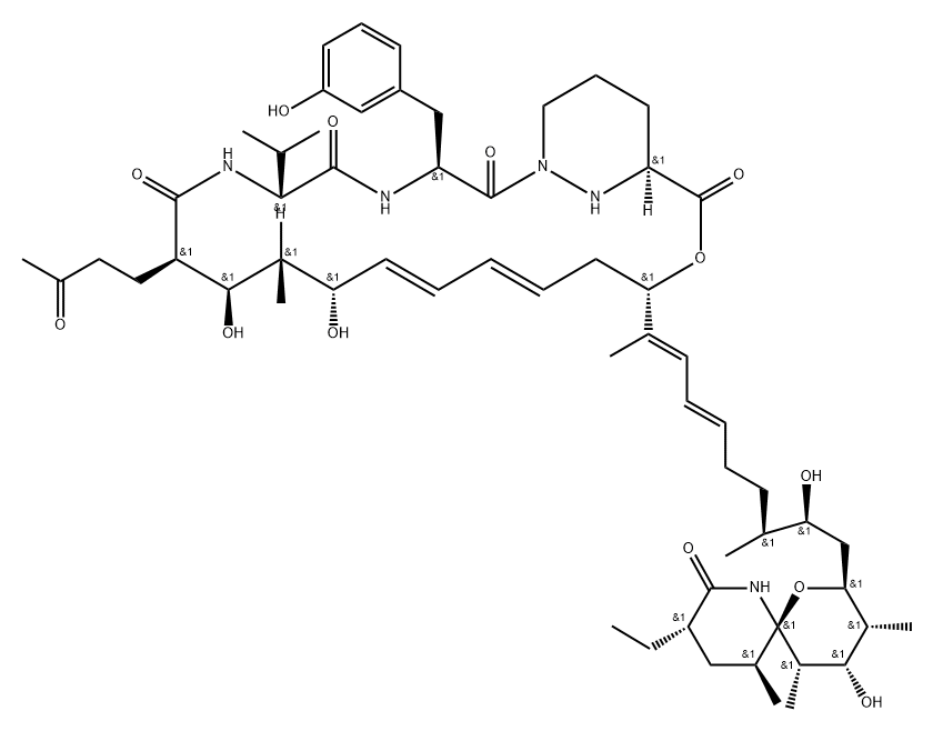 19-Oxa-1,4,7,25-tetraazabicyclo[19.3.1]pentacosa-13,15-diene-2,5,8,20-tetrone, 18-[(1E,3E,7S,8S)-9-[(2S,3R,4S,5S,6R,9S,11S)-9-ethyl-4-hydroxy-3,5,11-trimethyl-8-oxo-1-oxa-7-azaspiro[5.5]undec-2-yl]-8-hydroxy-1,7-dimethyl-1,3-nonadien-1-yl]-10,12-dihydroxy-3-[(3-hydroxyphenyl)methyl]-11-methyl-6-(1-methylethyl)-9-(3-oxobutyl)-, (3S,6S,9R,10R,11S,12S,13E,15E,18S,21S)- Structure